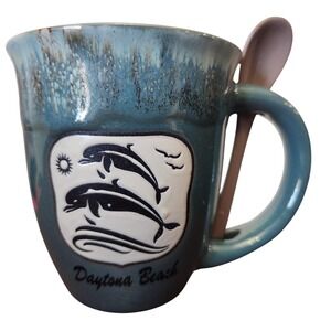 Daytona Beach Dolphin Pottery‎ Coffee Mug with ceramic spoon Florida Souvenir